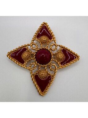 Monet Maltese Cross Brooch Red Lucite Enamel Gold Tone Rope Design Vtg